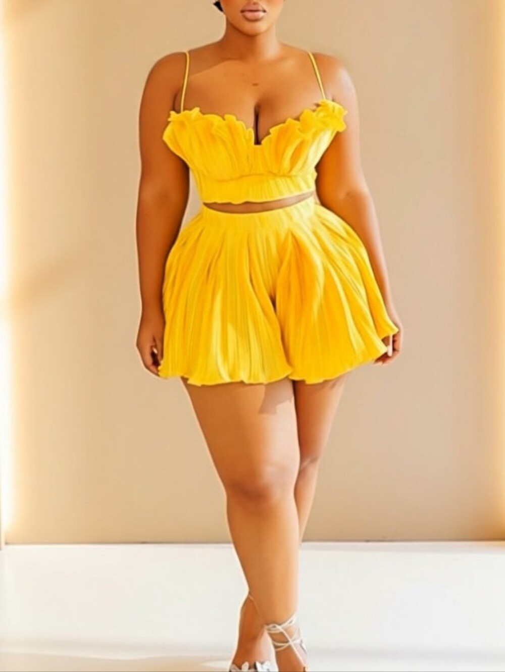 Women's Yellow Pleated High-Waist Shorts